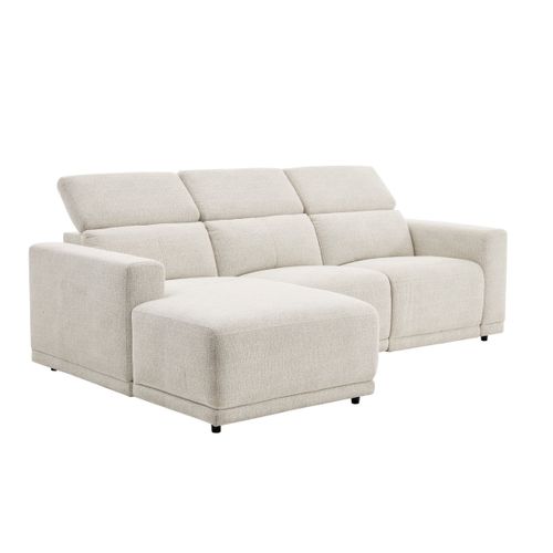 Canapé d'angle gauche relax électrique MONA tissu beige vue de profil
