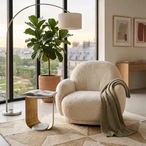 Fauteuil pivotant MIMI tissu doux beige cocooning - Rotation 360 vue d'ambiance 1