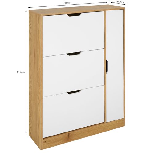 Meuble à chaussures 3 abattants 1 porte SAMUEL imitation chêne et blanc