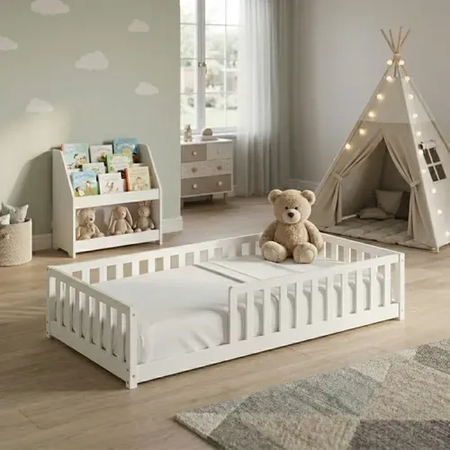 Lit au sol avec barrière 90x190 cm en pin massif avec sommier ELLIA blanc vue d'ambiance 1