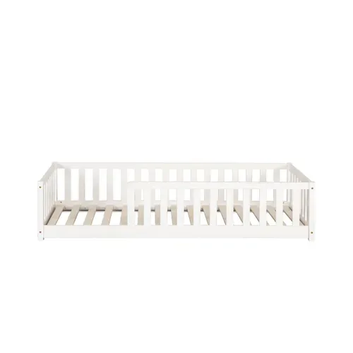 Lit au sol avec barrière 90x190 cm en pin massif avec sommier ELLIA blanc vue de face