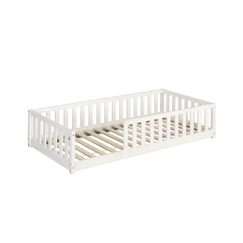 Lit au sol avec barrière 90x190 cm en pin massif avec sommier ELLIA blanc vue de profil