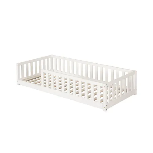 Lit au sol avec barrière 90x190 cm en pin massif avec sommier ELLIA blanc vue 3/4