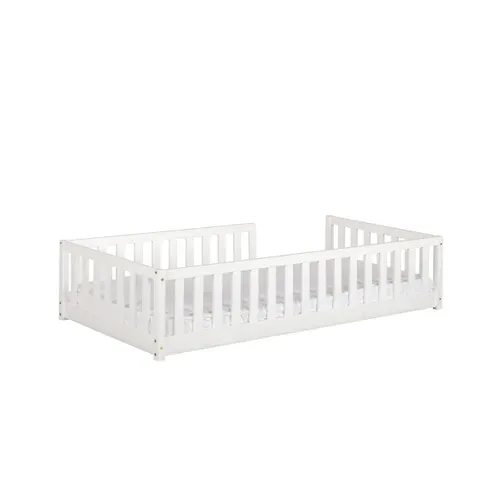 Lit au sol avec barrière 90x190 cm en pin massif avec sommier ELLIA blanc vue de derrière