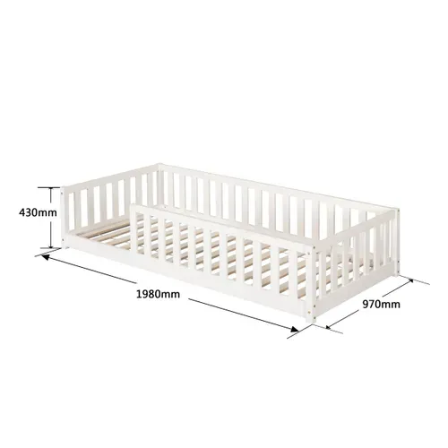 Lit au sol avec barrière 90x190 cm en pin massif avec sommier ELLIA blanc