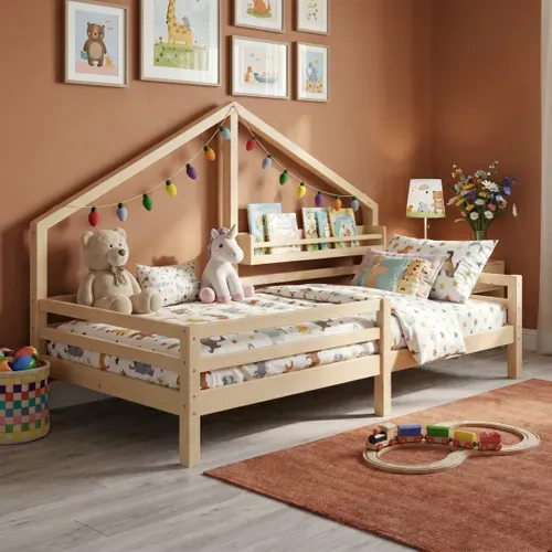 Lit cabane avec étagère 90x190 cm en pin massif avec sommier ELONA naturel vue d'ambiance 1