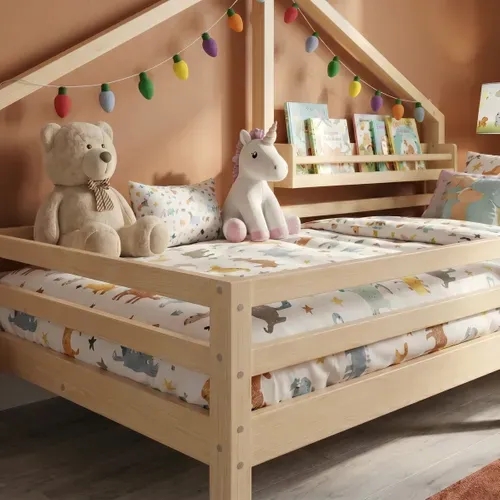 Lit cabane avec étagère 90x190 cm en pin massif avec sommier ELONA naturel
