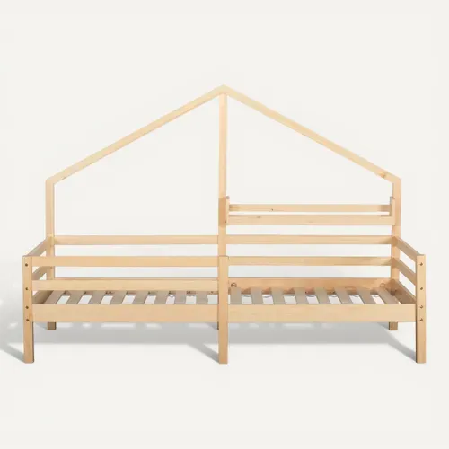 Lit cabane avec étagère 90x190 cm en pin massif avec sommier ELONA naturel vue de face