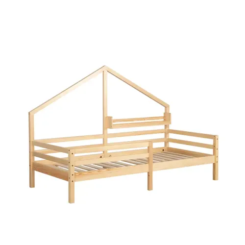 Lit cabane avec étagère 90x190 cm en pin massif avec sommier ELONA naturel vue de profil