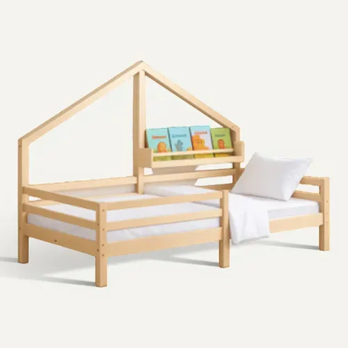 Lit cabane avec étagère 90x190 cm en pin massif avec sommier ELONA naturel vue 3/4