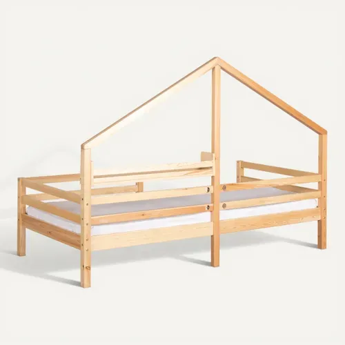 Lit cabane avec étagère 90x190 cm en pin massif avec sommier ELONA naturel vue de derrière