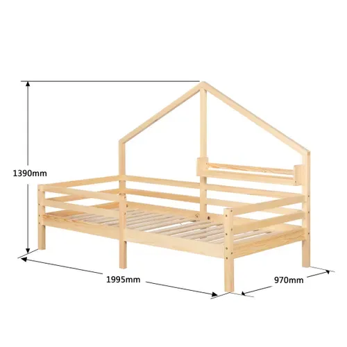 Lit cabane avec étagère 90x190 cm en pin massif avec sommier ELONA naturel