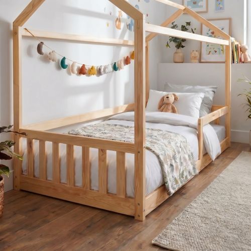 Lit cabane 90x190 cm en pin massif avec sommier RUBY naturel