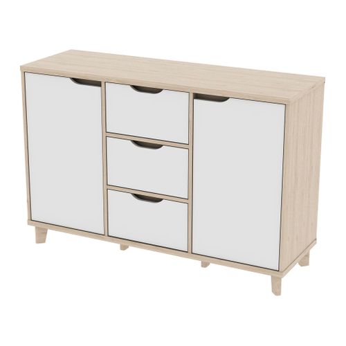 Rangement 2 portes 3 tiroirs NORDIC Blanc et imitation chêne vue de profil