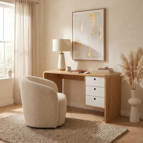 Bureau droit avec tiroirs JOEY imitation chêne et blanc vue d'ambiance 1