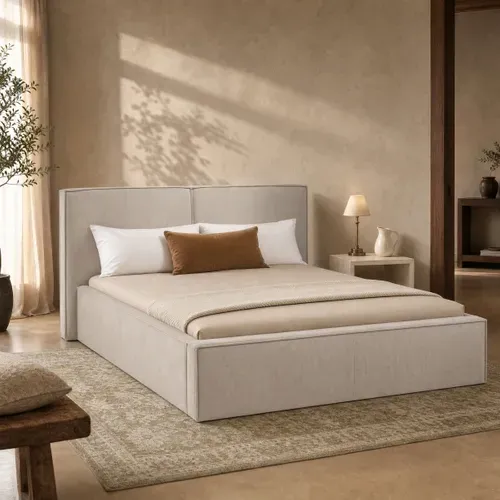 Lit coffre 160x200 cm velours côtelé beige EZRA vue d'ambiance 1