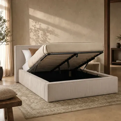 Lit coffre 160x200 cm velours côtelé beige EZRA