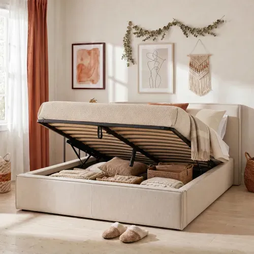 Lit coffre 140x190 cm velours côtelé beige EZRA