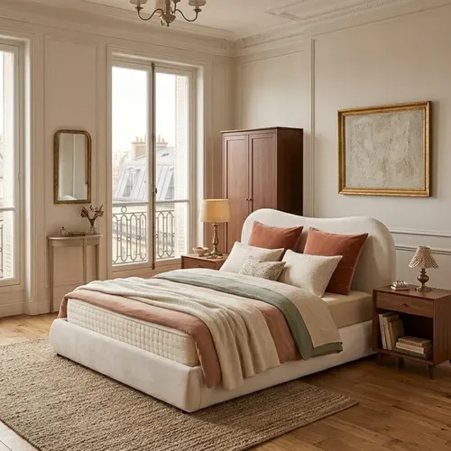 Lit coffre 140x190 cm ALIZEE tissu beige vue d'ambiance 1
