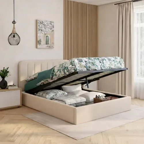 Lit coffre 140x190 cm velours beige ANNA