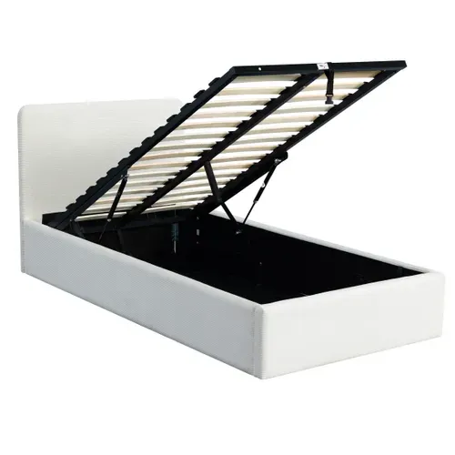 Lit coffre 90x190 cm velours côtelé blanc LYLA