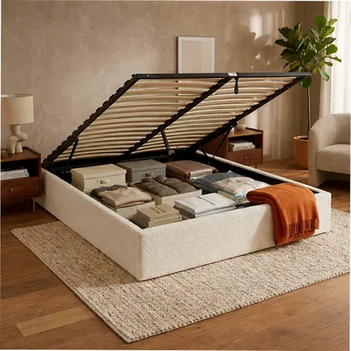 Lit coffre 160x200 cm tissu bouclette beige PARMA