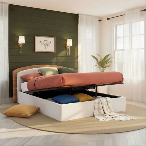 Lit coffre 160x200 cm EOLE tissu et imitation chêne vue d'ambiance 1
