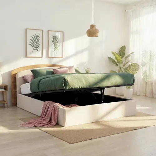 Lit coffre 140x190 cm EOLE tissu et imitation chêne