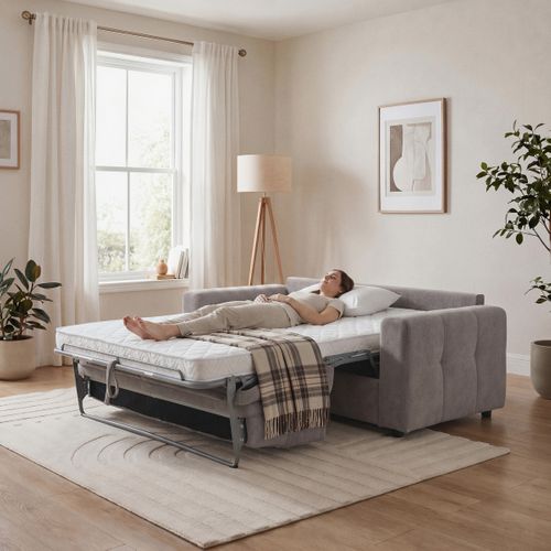 Canapé convertible express 3 places SOFTY tissu gris matelas 12 cm