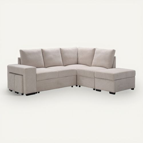 Canapé d'angle convertible LAURENCE droit tissu beige vue 3/4