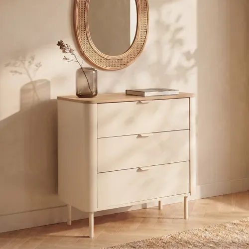 Commode 3 tiroirs L. 73 cm DANIELLE imitation chêne et beige vue d'ambiance 1
