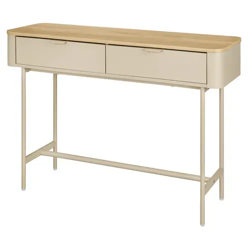 Console L.110 cm 2 tiroirs DANIELLE imitation chêne et beige vue de profil