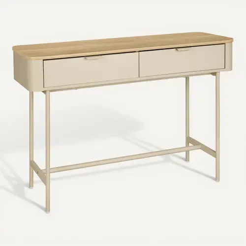 Console L.110 cm 2 tiroirs DANIELLE imitation chêne et beige vue 3/4