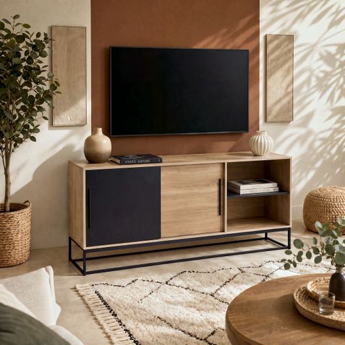 Buffet L.160 cm VINCENTE imitation chêne et noir vue d'ambiance 1