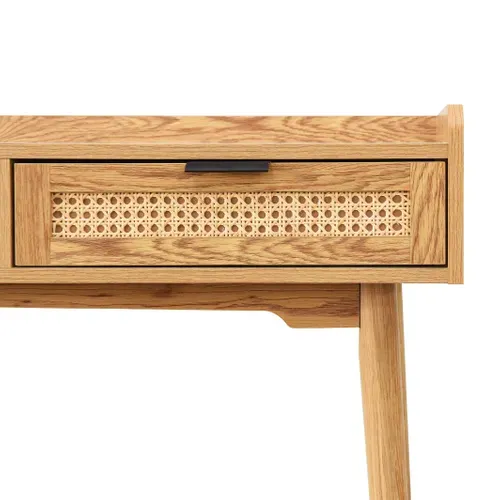 Bureau avec tiroirs LAUSANE imitation chêne et rotin vue accessoires