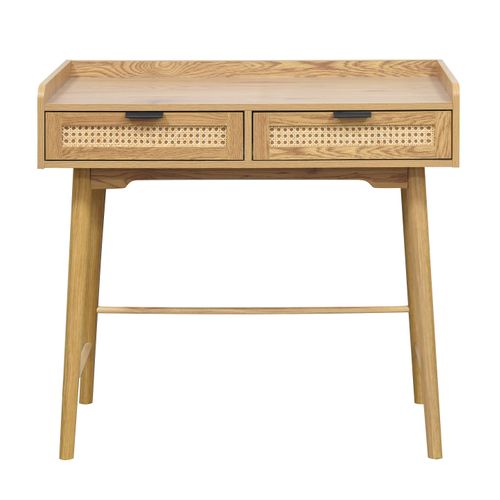 Bureau avec tiroirs LAUSANE imitation chêne et rotin vue de face