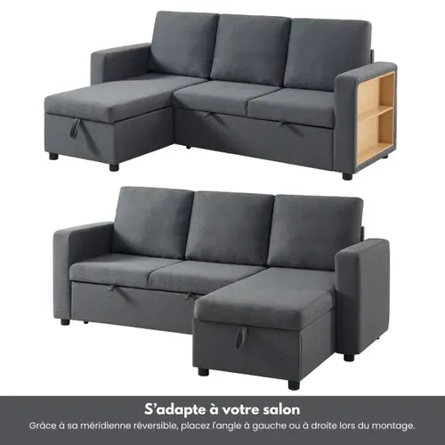 Canapé d'angle convertible méridienne réversible TYLER tissu gris foncé vue de profil