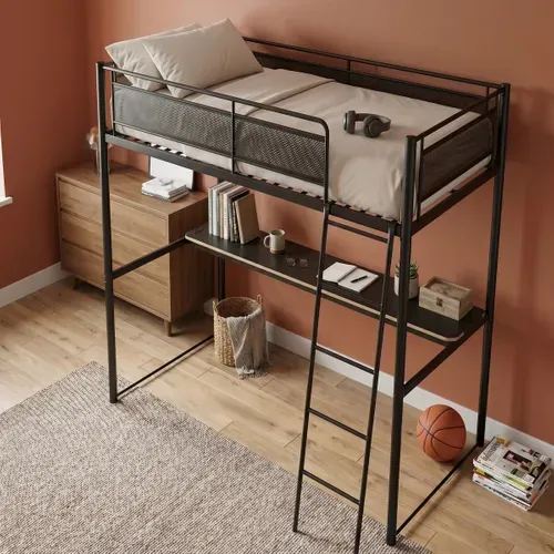 Lit mezzanine 90x190 cm avec bureau LED ORIO métal noir vue d'ambiance 1