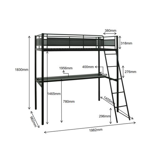 Lit mezzanine 90x190 cm ORIO métal noir