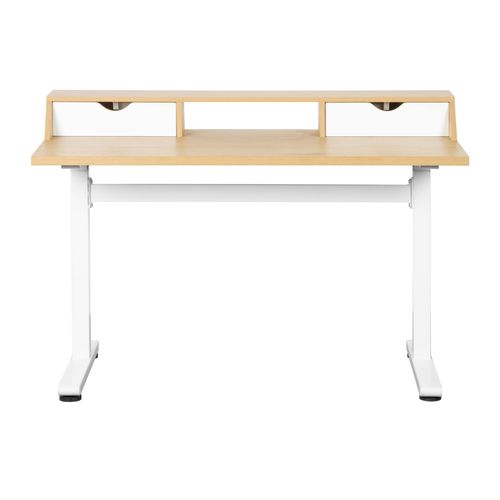 Bureau assis-debout relevable manuellement + tiroirs AARON imitation chêne et blanc vue de face
