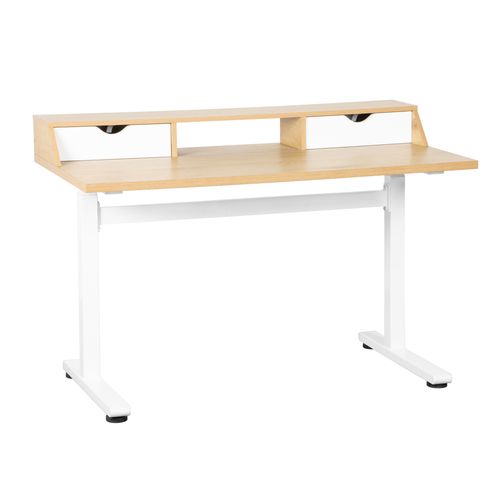 Bureau assis-debout relevable manuellement + tiroirs AARON imitation chêne et blanc vue 3/4