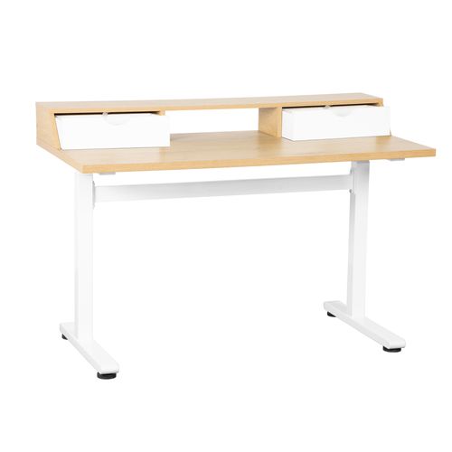 Bureau assis-debout relevable manuellement + tiroirs AARON imitation chêne et blanc