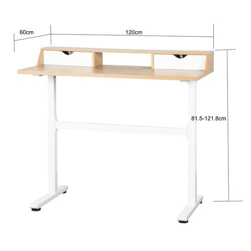 Bureau assis-debout relevable manuellement + tiroirs AARON imitation chêne et blanc