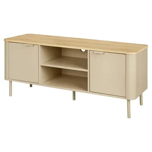 Meuble TV L.120 cm DANIELLE imitation chêne et beige vue de profil