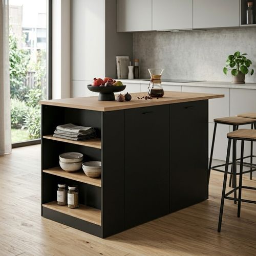 Ilot central H.90cm NATACHA imitation chêne et noir vue d'ambiance 1