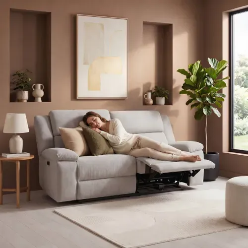 Canapé relax électrique SUNDAY 3 places tissu beige -Double confort motorisé + USB-C