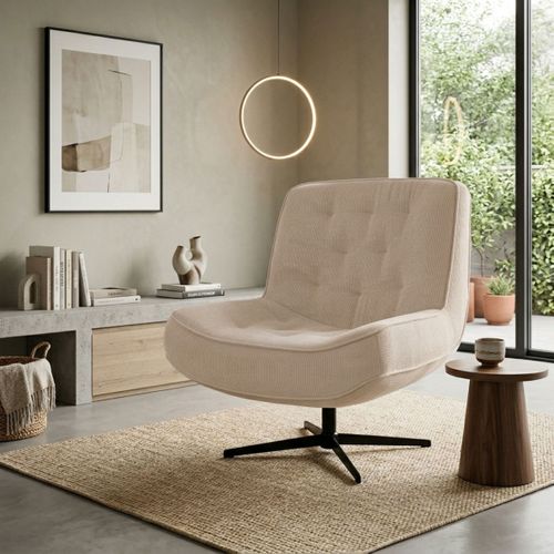 Fauteuil pivotant 360 PAKEO en velours côtelé beige vue d'ambiance 1