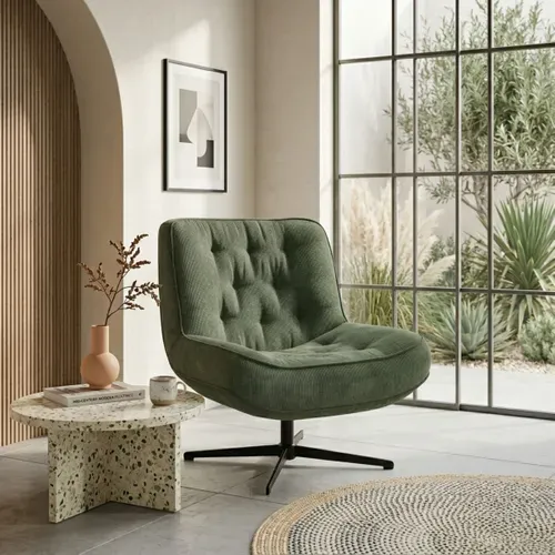 Fauteuil pivotant 360 PAKEO en velours côtelé vert kaki vue d'ambiance 1
