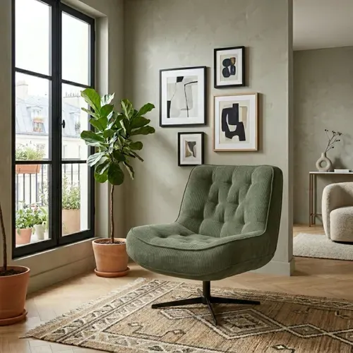 Fauteuil pivotant 360 PAKEO en velours côtelé vert kaki