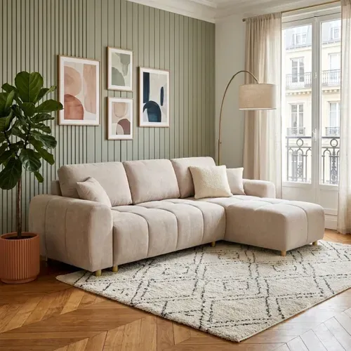 Canapé d'angle convertible méridienne réversible MATCHA tissu texturé beige vue d'ambiance 1